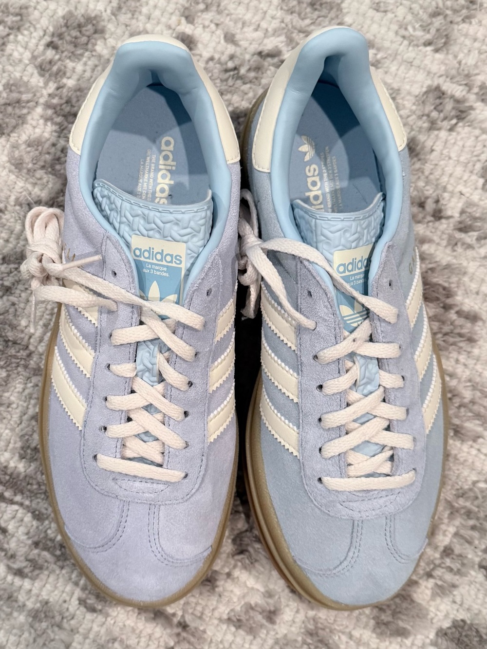 New Adidas Gazelle Bold Sneakers in Clear Sky/Cream White/Gold Metallic/Gum - Picture 3 of 8